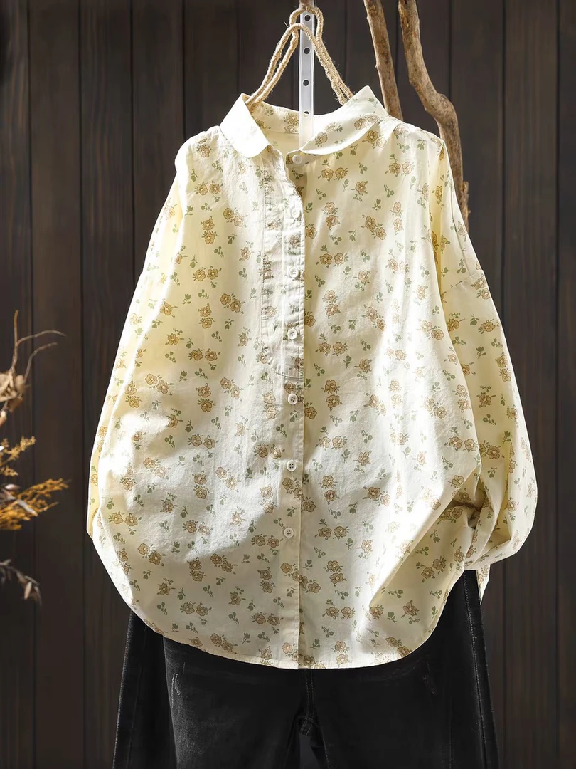 衬衣女款2025新款爆款早秋季纯棉蓝色小花朵印花减龄洋气百搭衬衫