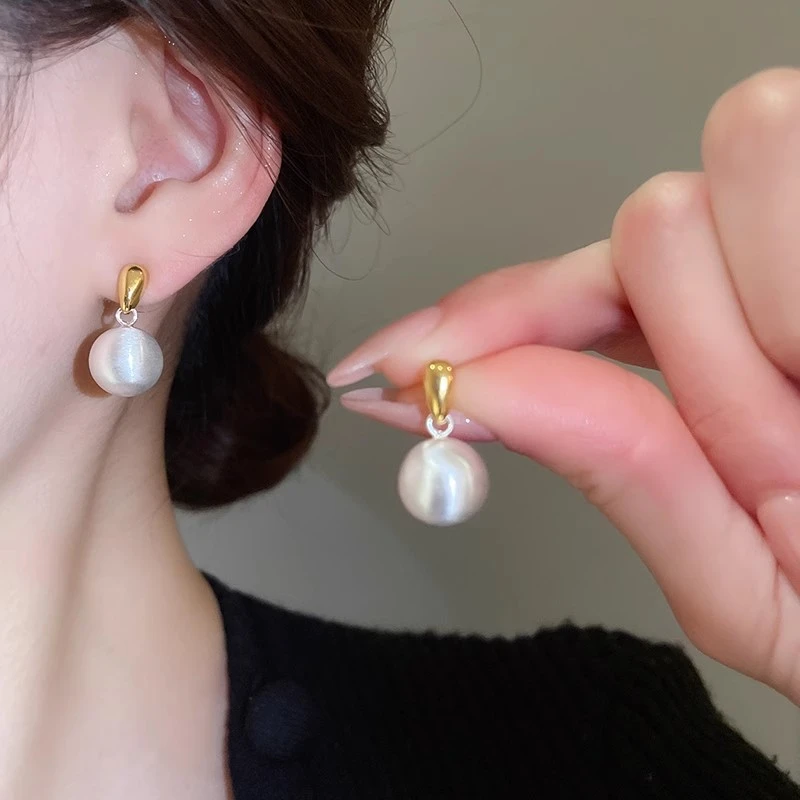 铜合金耳饰 简约水滴圆球拉丝耳钉2024新款耳环轻奢高级感耳饰女