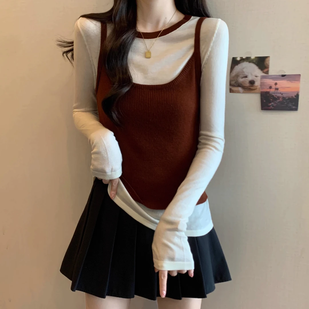 韩版叠穿时尚洋气两件套女早春新款吊带背心+打底衫上衣套装ins潮