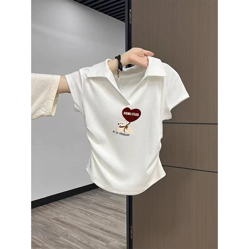 美式复古纯棉短袖t恤女2025夏季新款修身显瘦polo领设计感上衣潮