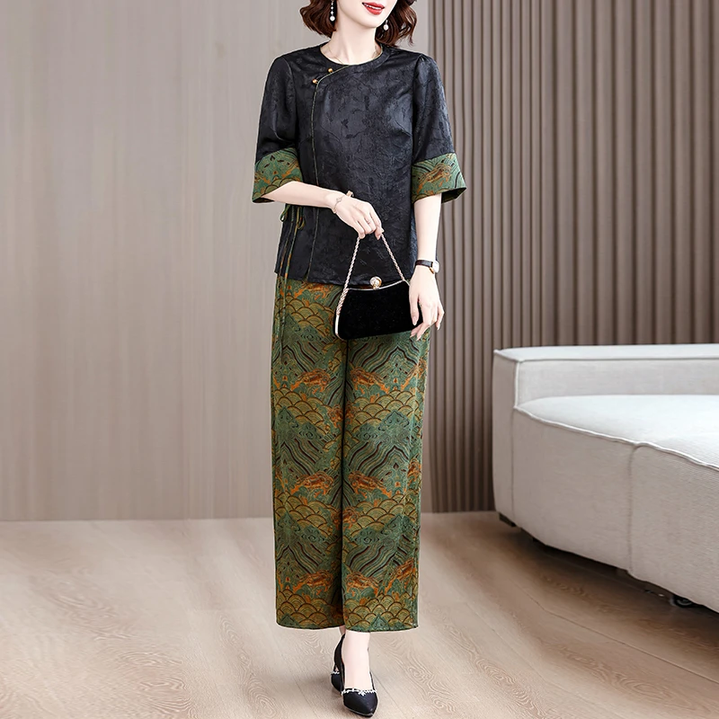 2024新款夏季宽松新中式时尚妈妈复古高档印花阔腿裤混搭两件套