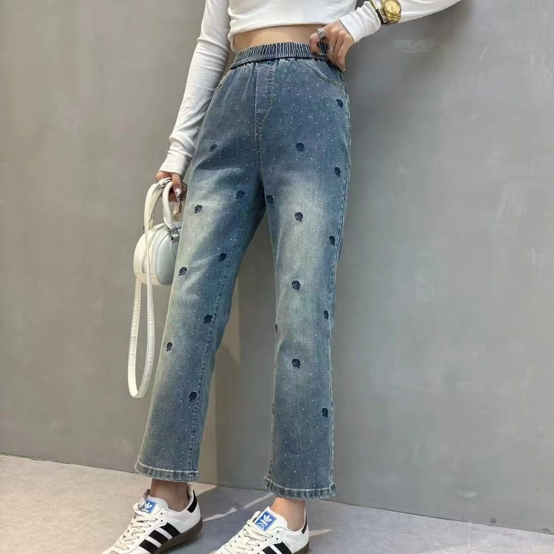 LL琳大码金迪莎刺绣亮钻牛仔裤韩版休闲裤秋宽松显瘦大码女装212