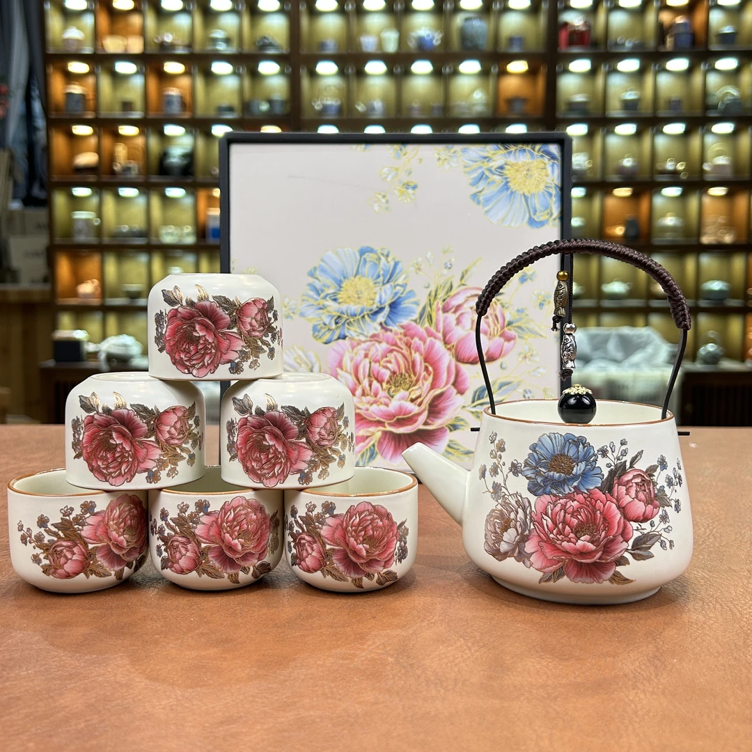 ZH4032-掐丝金牡丹一壶六杯带茶盘家用复古陶瓷中式创意轻奢简约