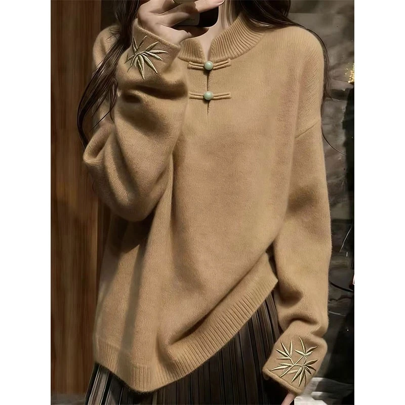 2025简约温柔风新中式盘扣竹子刺绣立领毛衣女冬季高级感显瘦上衣