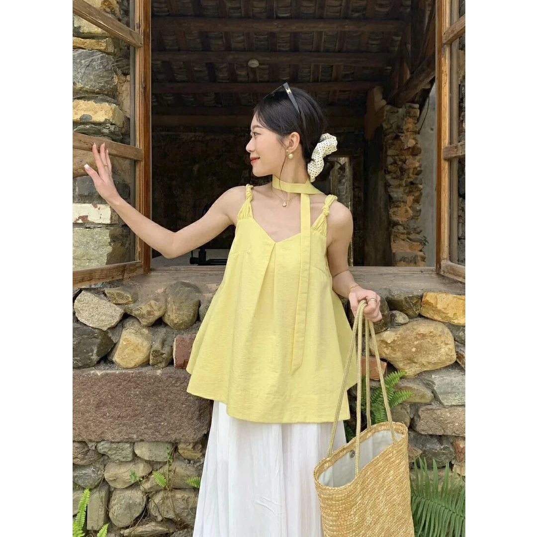 璎婲sᴀᴋᴜʀᴀ【柠檬汽水】金法式垂感显瘦V领吊带背心元气无袖衬衫