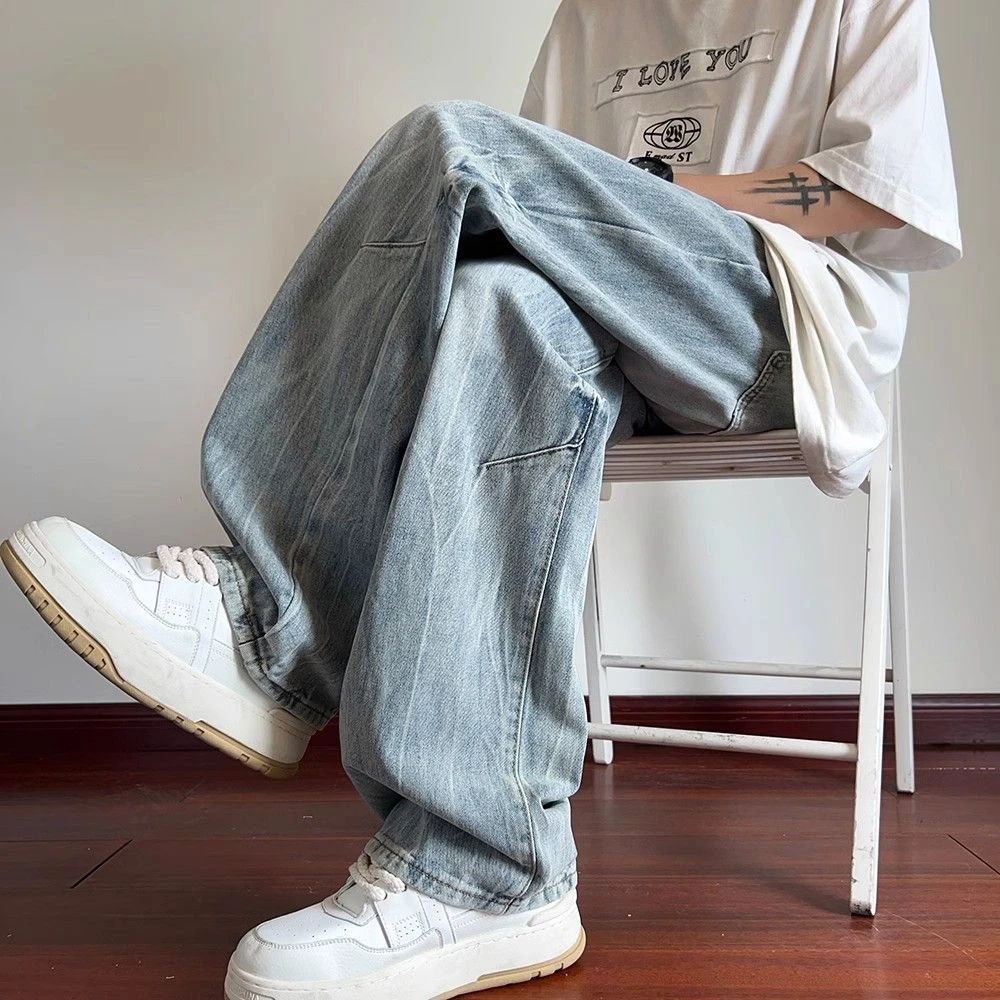 复古蓝牛仔裤男夏季薄款美式高街vibe裤子设计感显瘦直筒微喇长裤