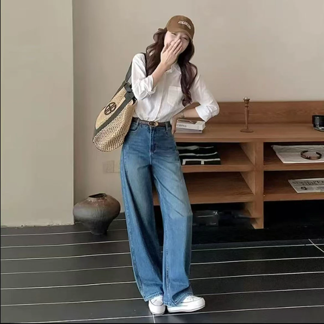 A.W.N2025年早秋新款牛仔裤女窄版弯刀裤宽松直筒高腰休闲显腿长