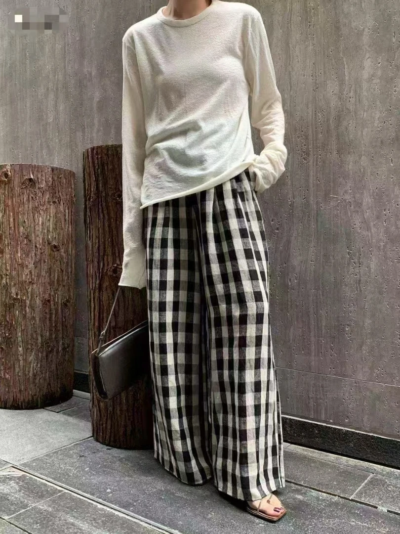 【亚麻格子裤】夏季新款慵懒风黑白格阔腿裤女薄款高腰直筒休闲长裤