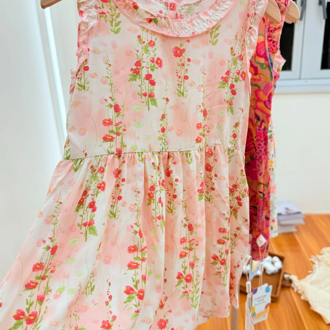 儿童碎花夏季薄款女宝睡裙洋气无袖花边棉绸洋气百搭