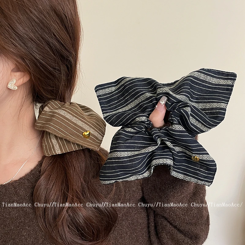 复古方形条纹大肠发圈扎马尾耐用发绳秋冬新款温柔发绳方巾发圈