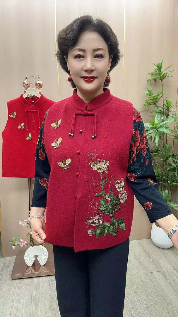 ZH#蝴蝶花刺绣马甲 衣长63 中老年女装妈妈装 国潮风盘扣针织马甲