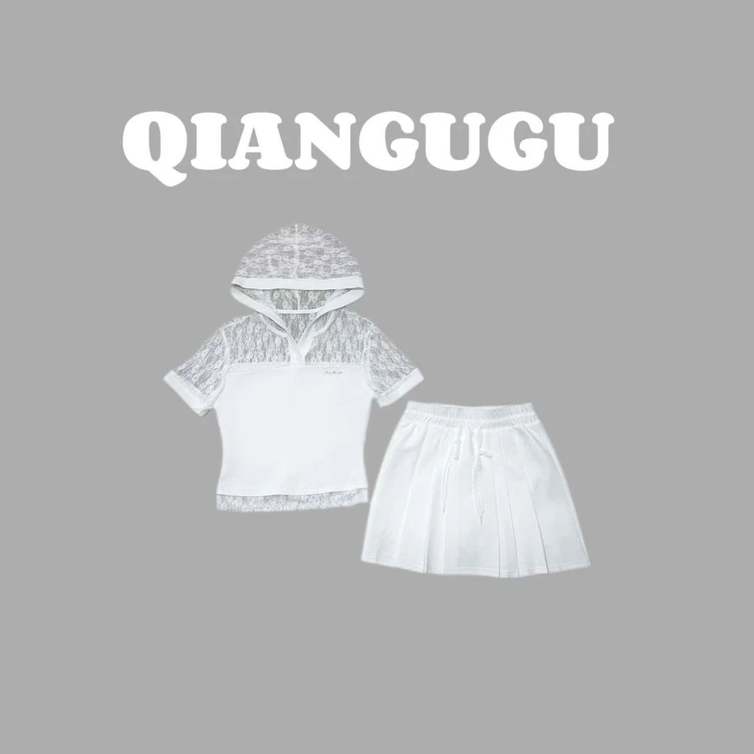 「烟雨朦胧」气女蕾丝短袖运动连帽T恤夏季韩版休闲短裙套装