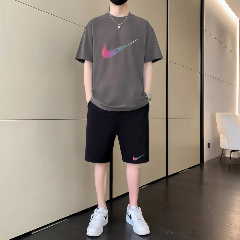 品牌男装潮牌运动套装男士2025夏季短袖t恤搭配纯棉休闲短裤一套