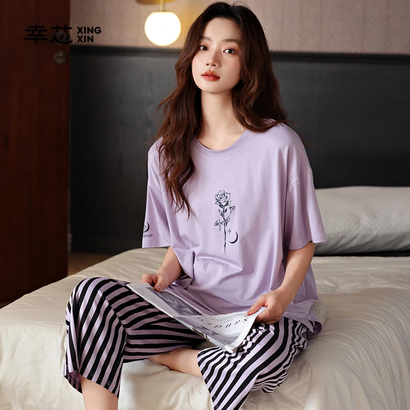 幸芯夏季自带胸垫睡衣女薄款短袖七分裤套装莫代尔凉感棉绸家居服