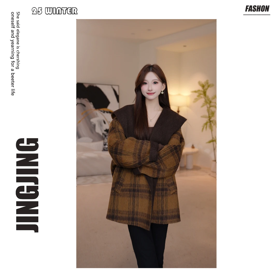 【婧婧】双面羊毛韩系格子大衣宽松休闲连帽短款毛呢外套25D277