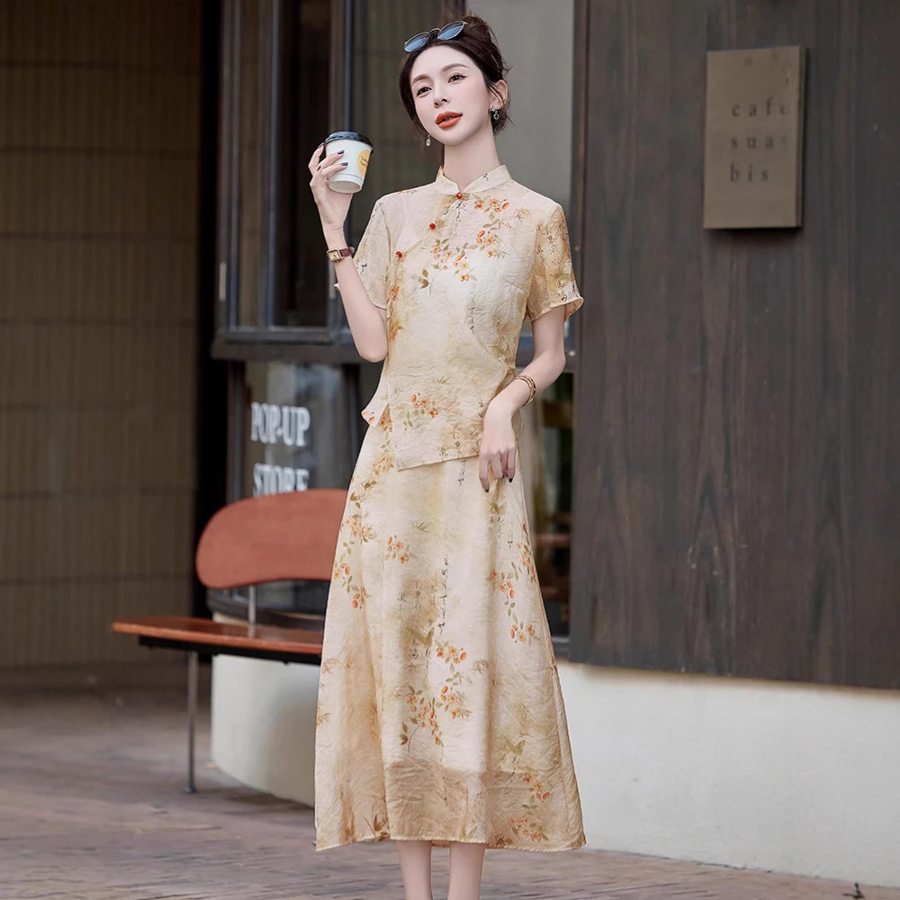 2025夏季新款文艺复古风女装新中式碎花印花半裙套装含衬衫显瘦