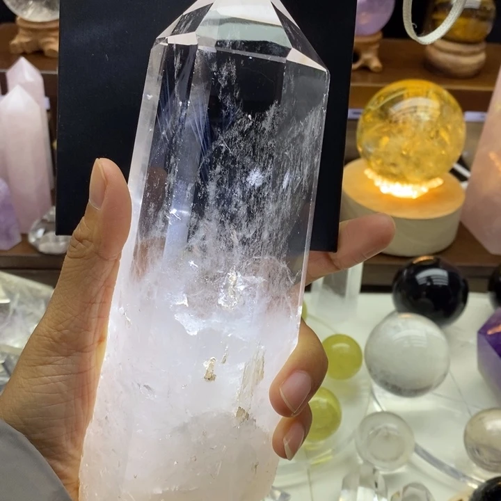 水晶摆件未镶嵌天然白水晶柱带蓝针