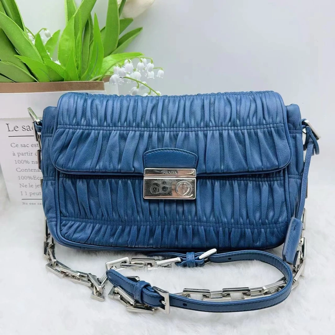 95新 Prada/普拉达 蓝色褶皱单肩包 738 3088