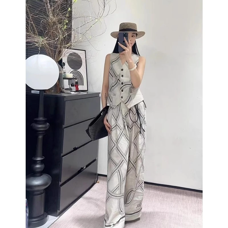 夏季新款高级气质老钱风印花亚麻套装女设计小众马甲阔腿裤两件套