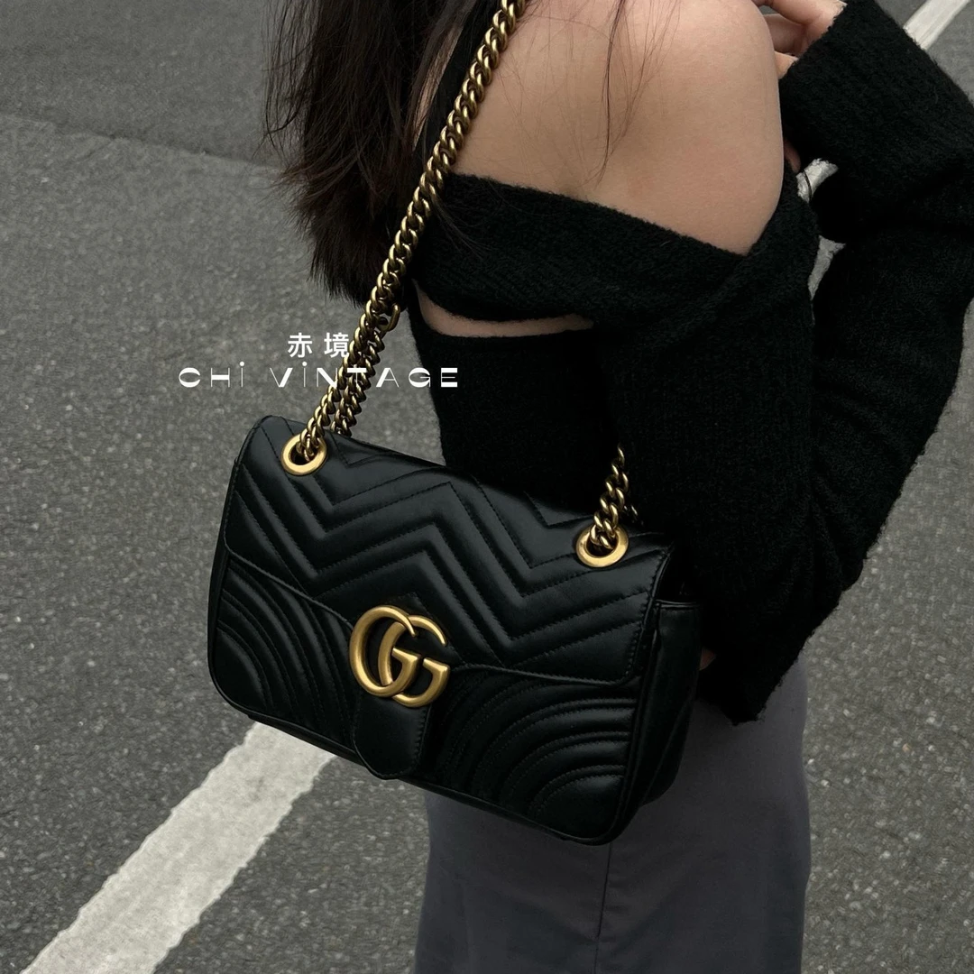 99新 GUCCI/古驰 8124 黑金马蒙marmont26斜挎包