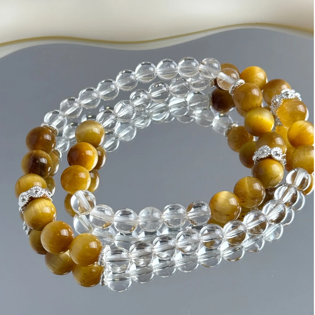 【黄虎眼白水晶双圈】6mm白水晶+8mm黄虎眼天然水晶手串多样性发货