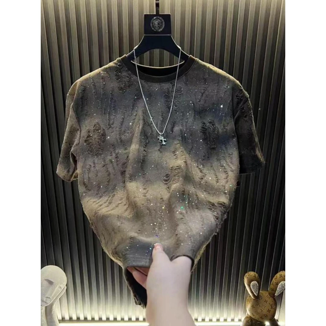 2025夏季新款短袖潮流轻奢风满天星烫钻圆领破洞t恤男士半截上衣