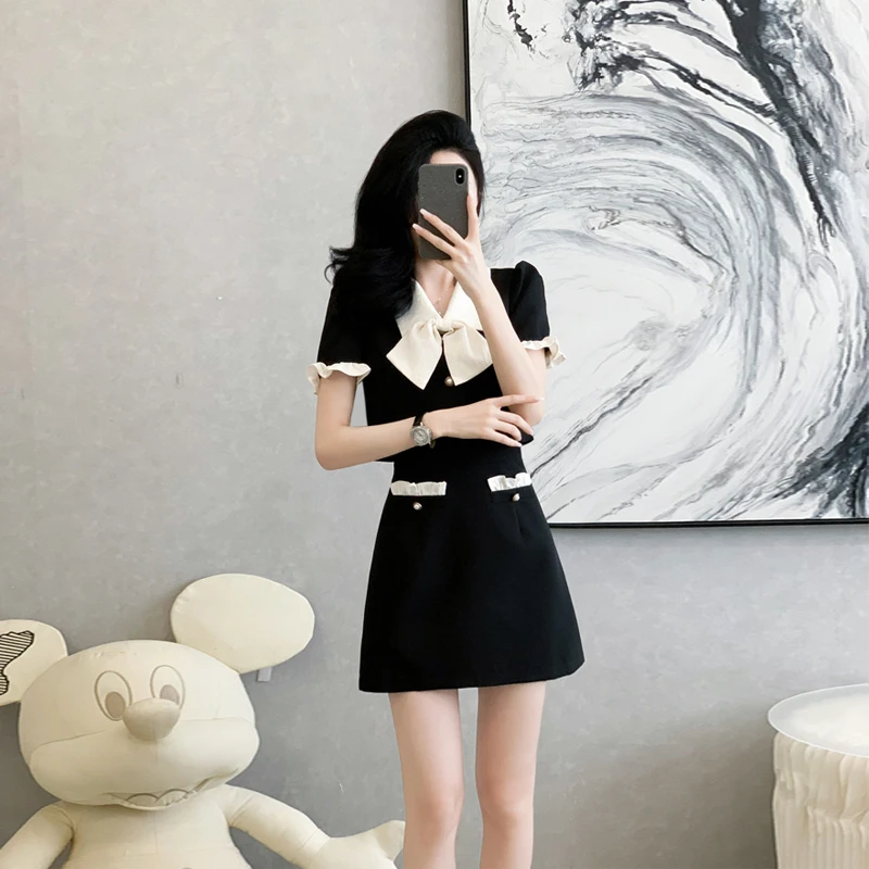 小香风黑色显瘦假两件连衣裙女夏季高级感法式赫本风收腰a字裙子