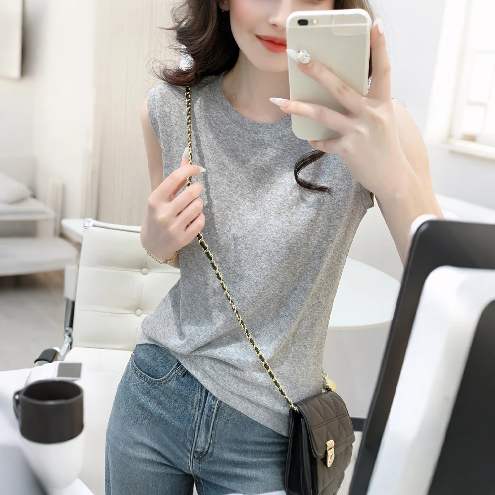 软糯圆领无袖雪花棉吊带背心女夏季轻薄休闲T恤内搭纯色上衣打底