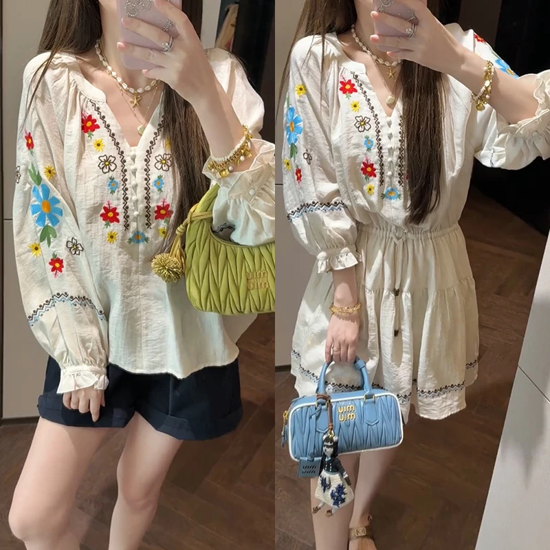 【mimius】婷婷 高定款波西米亚刺绣花朵衬衫+连衣裙 G04331