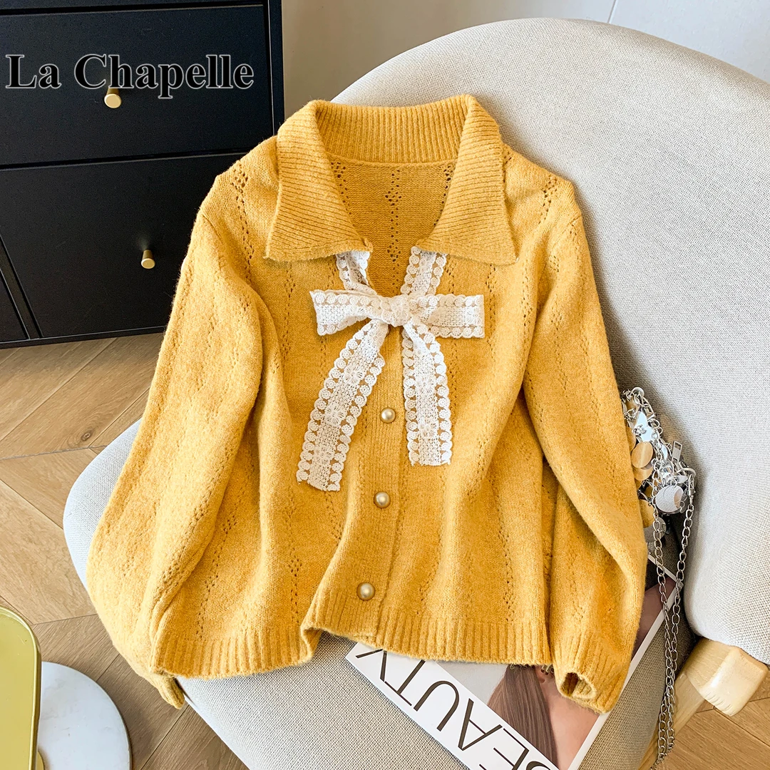 拉夏贝尔法式蕾丝蝴蝶结系带毛衣外套女秋冬宽松软糯针织开衫上衣