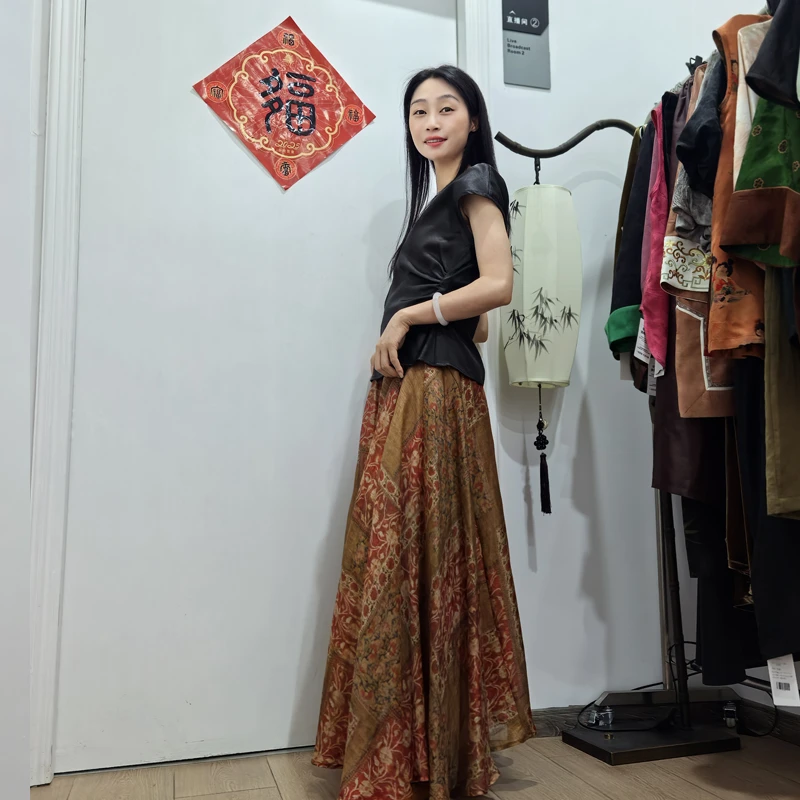 14姆米民族风满桑喷绘丝麻打折大摆半身裙252250-1