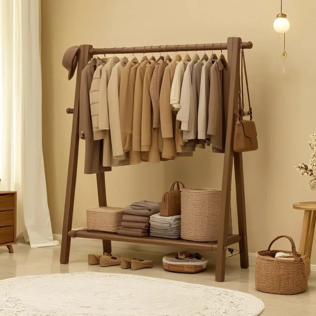 全榉木衣帽架落地卧室家用折叠挂衣架办公室室内房间实木晾衣架子