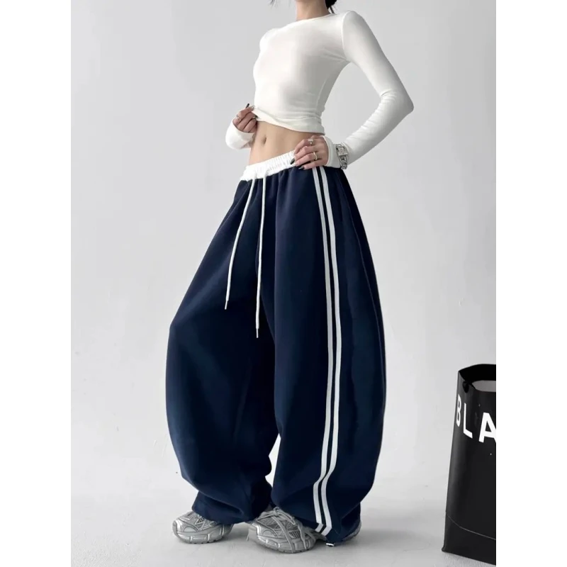 美式撞色条纹百搭弯刀卫裤女2025秋季新款宽松显瘦跳舞休闲阔腿裤