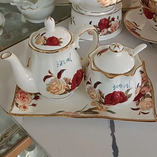 新疆西藏包邮骨质瓷金秋玫瑰手工拍金刮金醋壶辣子罐底盘