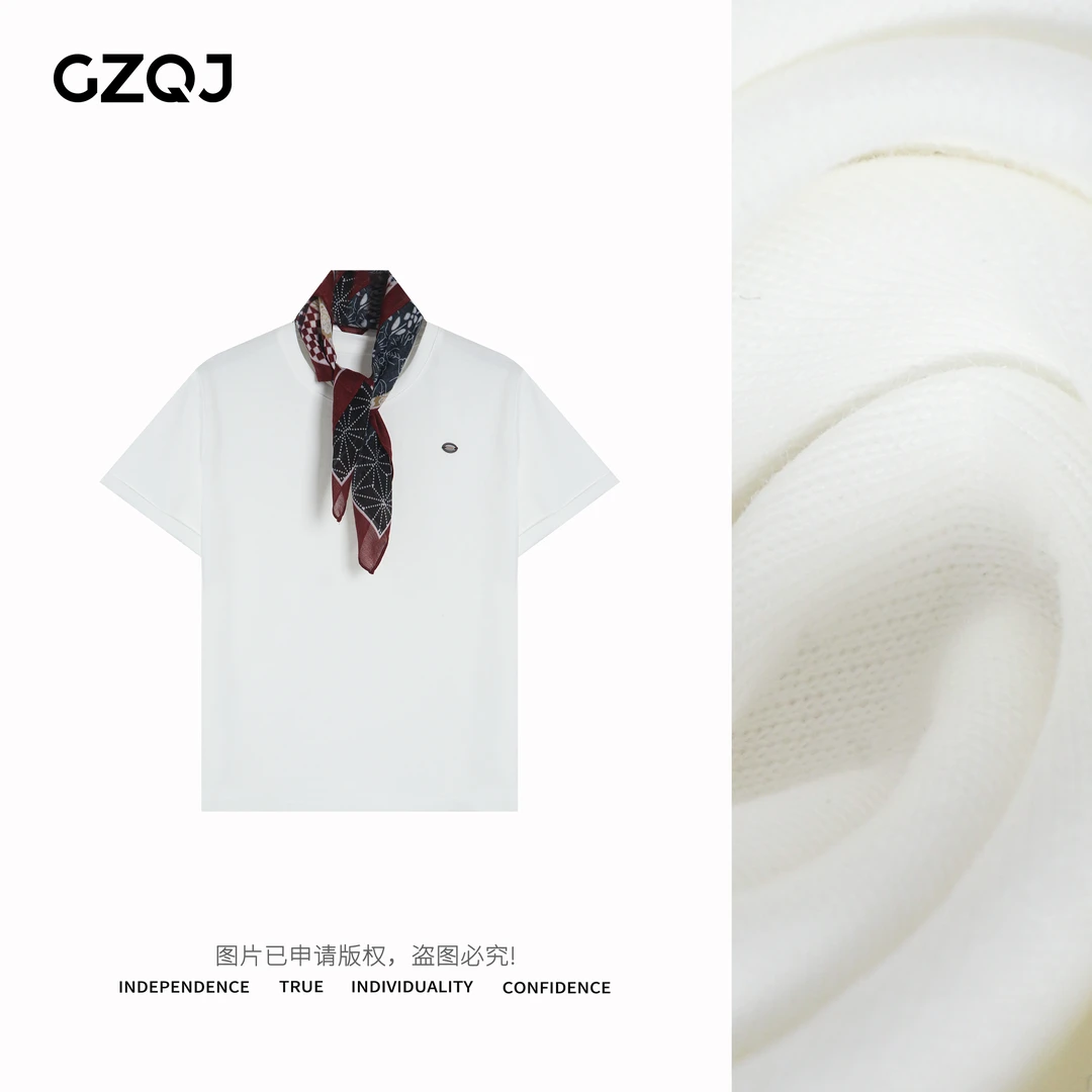 广州琴姐【领彩飞扬】设计感带丝巾圆领白色短袖T恤上衣女春季0729