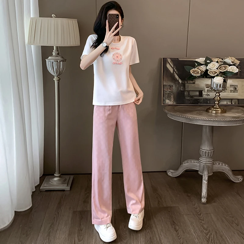 小个子休闲运动套装女夏季洋气减龄白色短袖t恤粉色阔腿裤两件套