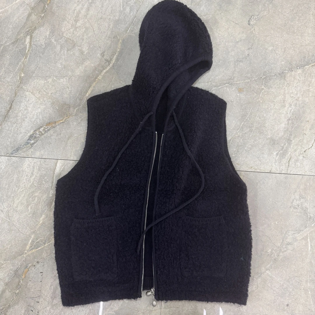 100%绵羊毛新款韩版时尚针织百搭休闲纯色带帽口袋马甲58382