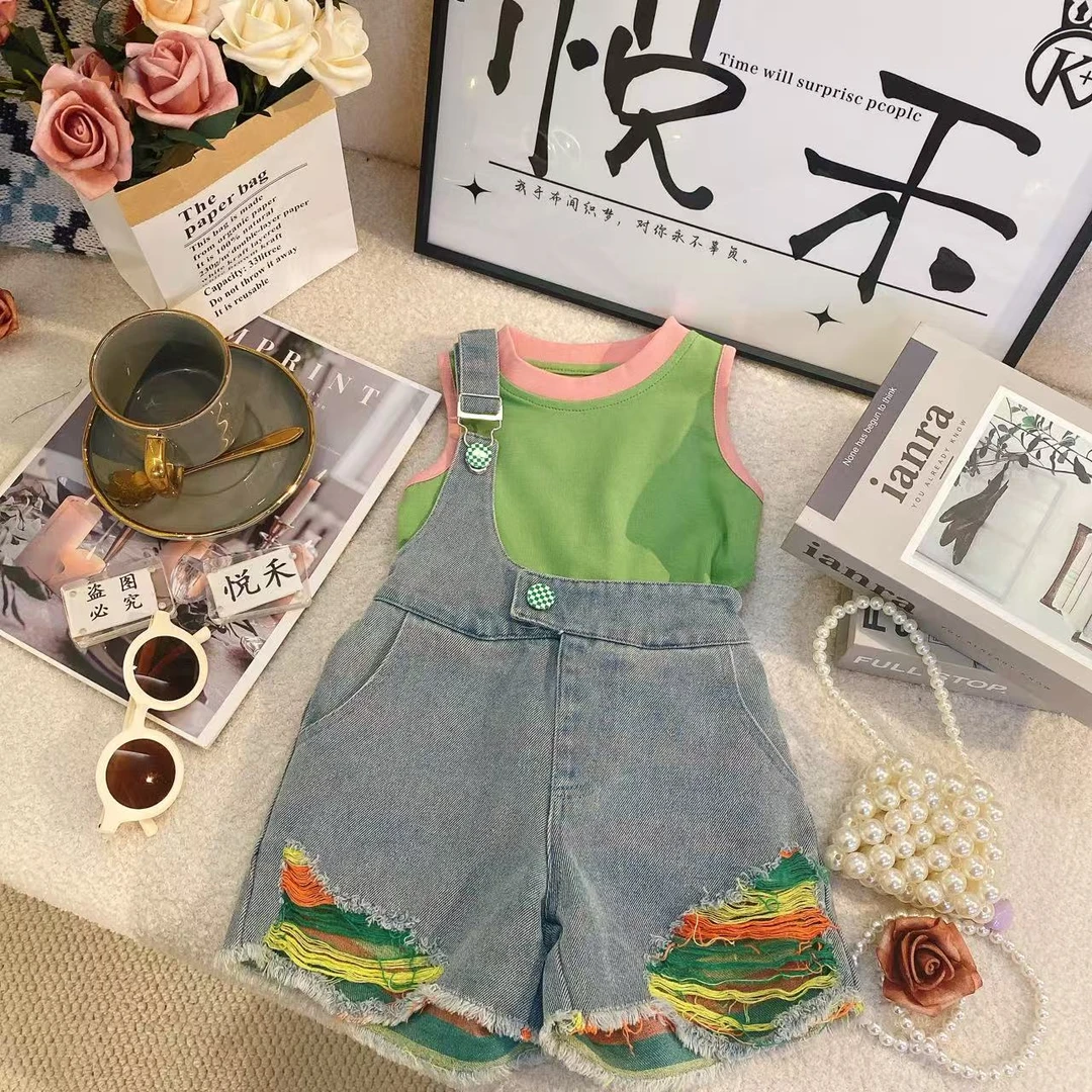 YH甜酷美式破洞毛边单肩牛仔背带裤2025年夏季新款拼接套装8638