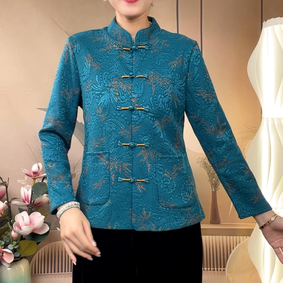 中老年妈妈盘扣中式旗袍领刺绣上衣