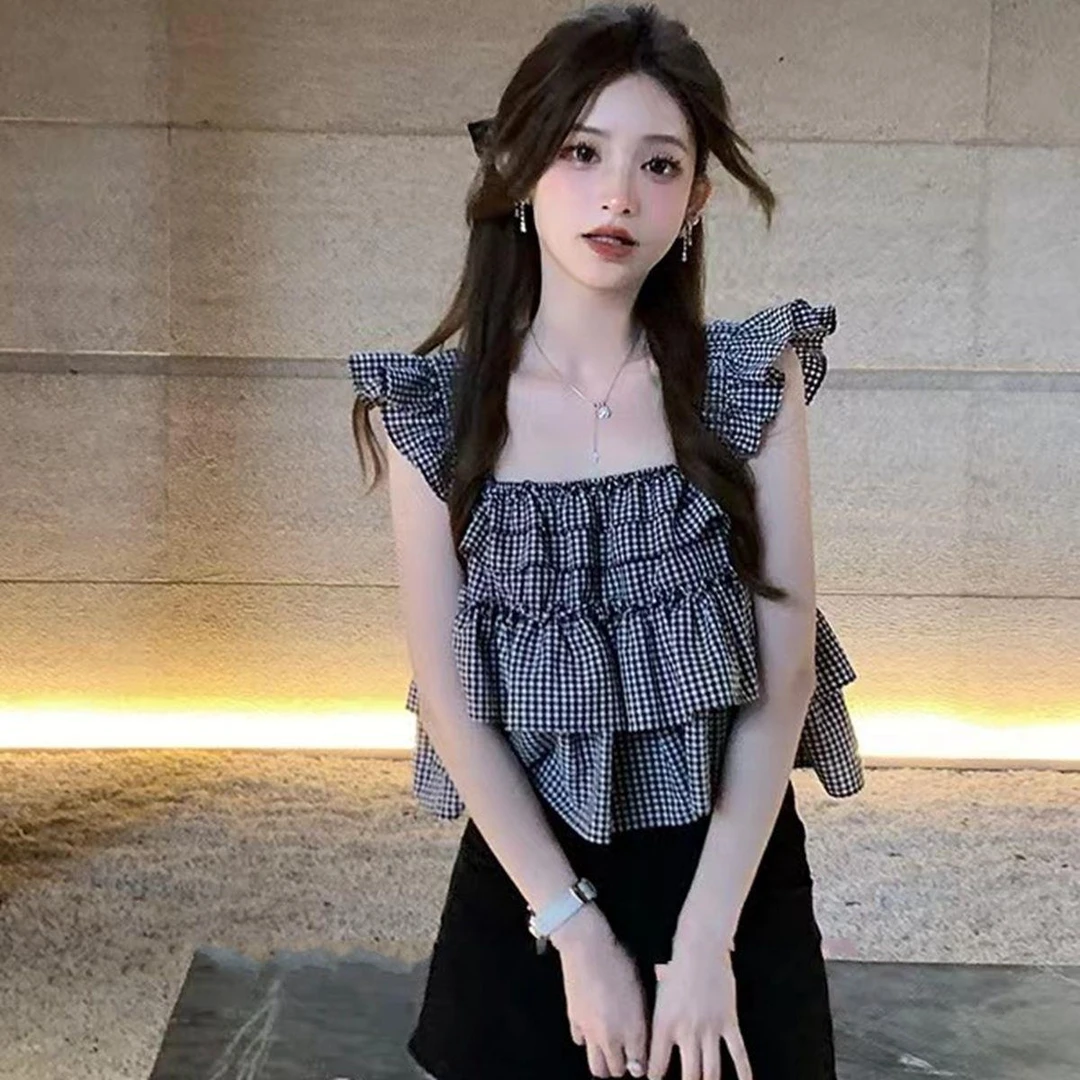 格子小飞袖娃娃衫女夏季法式荷叶边短款上衣方领吊带背心无袖衬衫