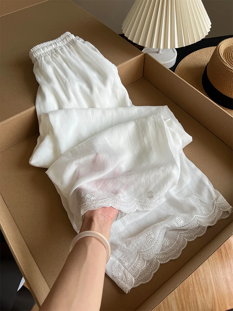 夏季小个子高腰显瘦垂感直筒裤宽松慵懒风白色气质时尚花边休闲裤