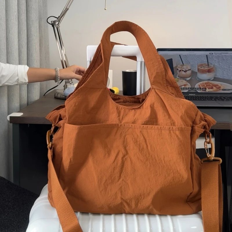 日式单肩包大容量托特包女百搭超轻布包小众多口袋通勤包旅行包