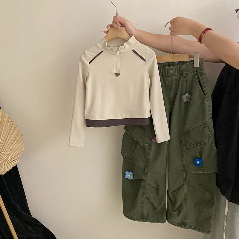 【安安家】韩版女童新款潮流拼接上衣重工花朵工装裤两件套R25503