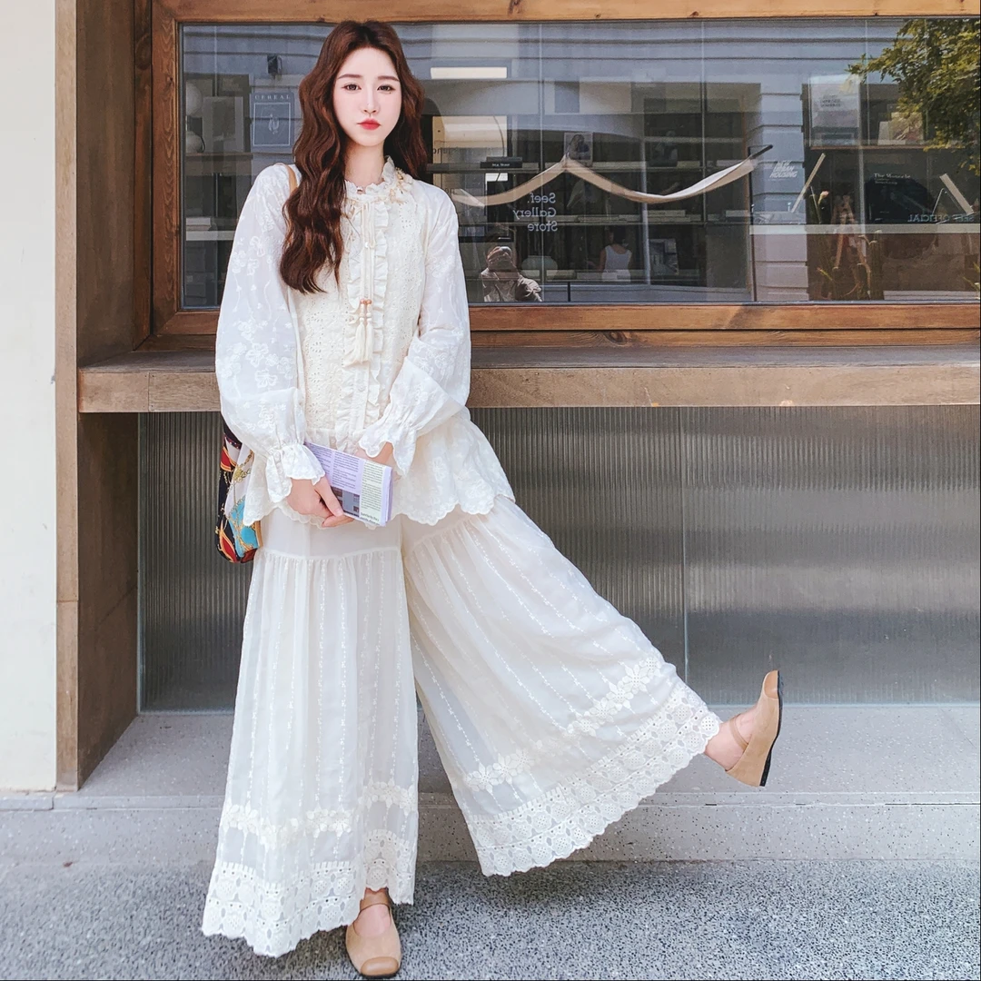法式重工刺绣别致花边衬衫阔腿裤套装女2025早秋新款巨好看两件套