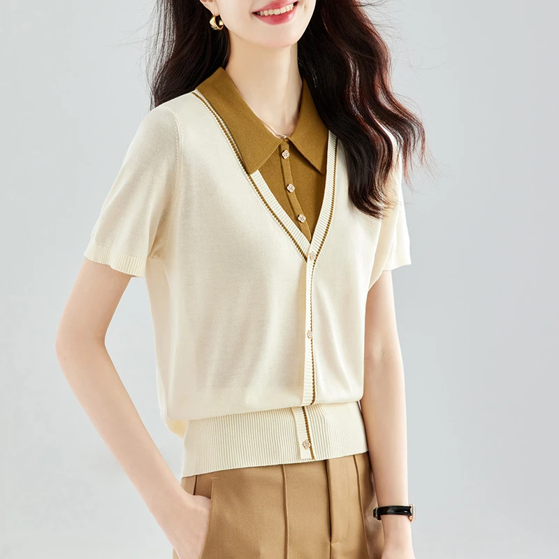 撞色polo领短袖t恤女装2025新款年轻妈妈夏装上衣翻领天丝针织衫