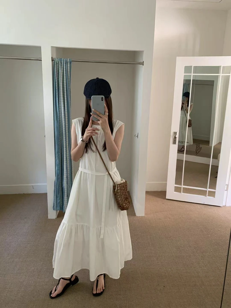 abow@82639 韩系极简风圆领系带收腰无袖连衣裙 6-28（带里衬）