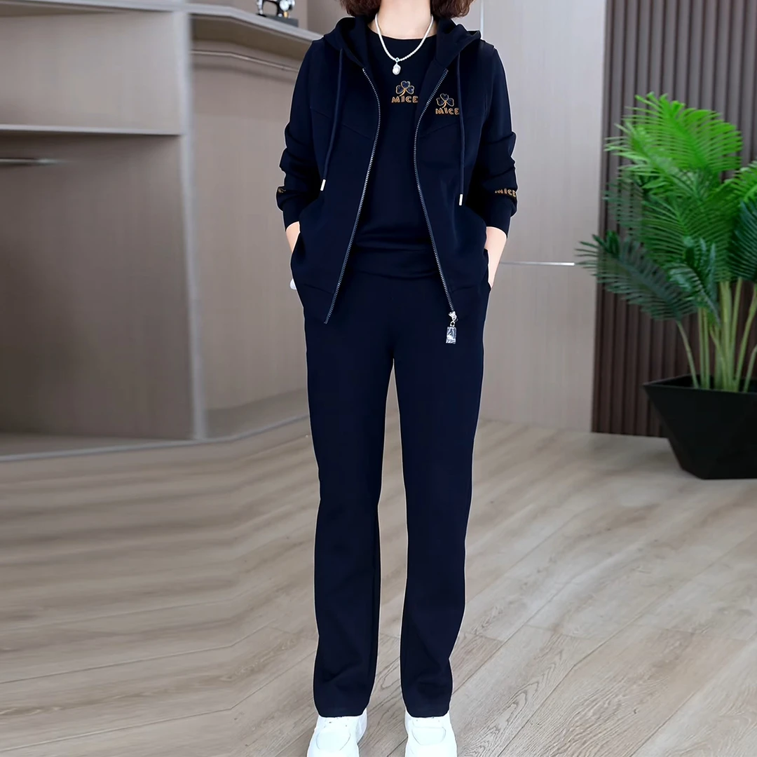 中老年妈妈装2025秋季新款时尚连帽马甲简约大气宽松显瘦三件套装