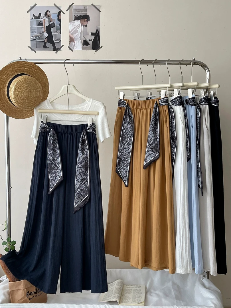 D2009夏季薄款休闲丝巾阔腿裤垂感休闲裤百搭气质女裤韩版