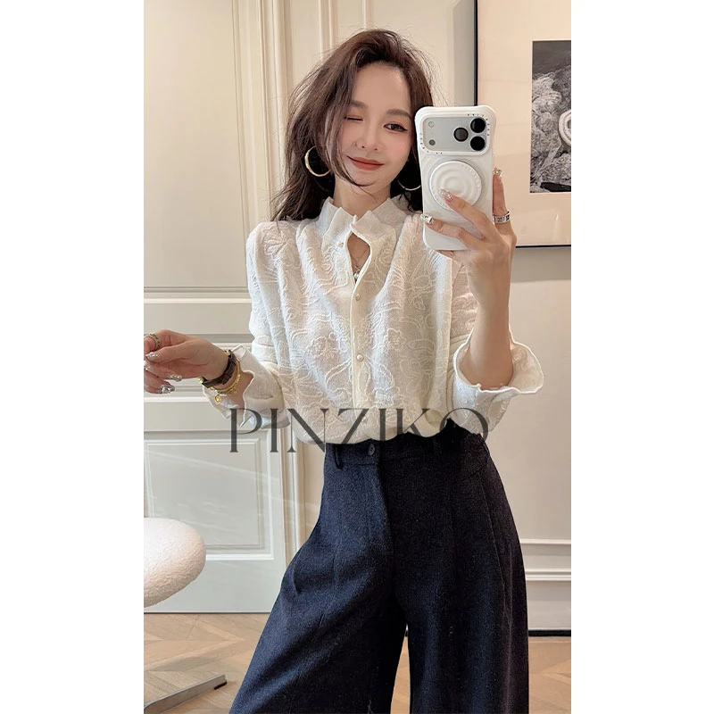 pinziko月桂女神~100绵羊毛小众设计师款衬衫毛衣针织开衫TJF553