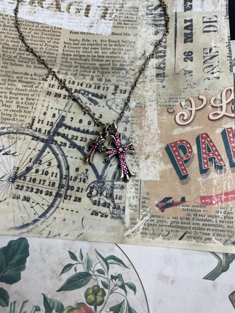 铜合金项链 【老梵专属】银色粉钻双十字架项链个性气质轻奢时尚